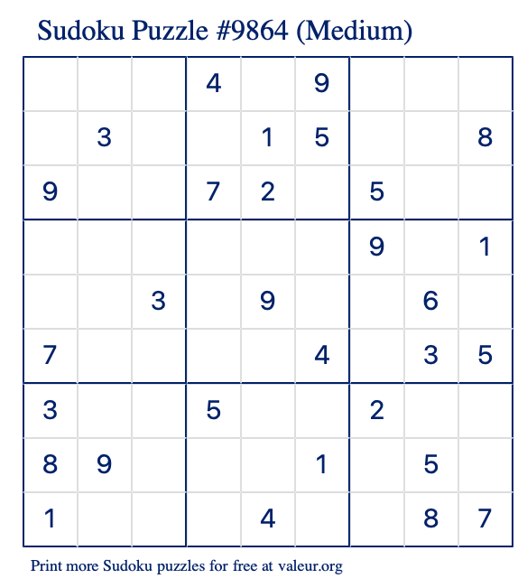 Free Printable Medium Sudoku Puzzle number 9864