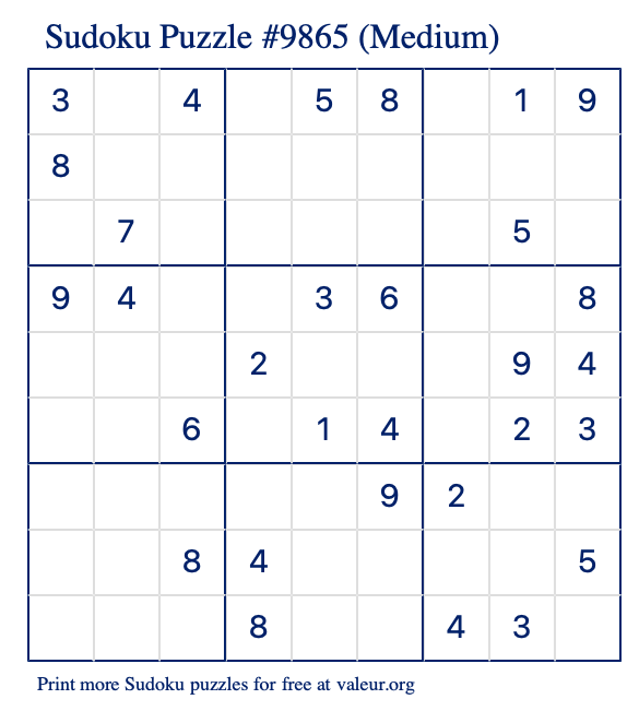 Free Printable Medium Sudoku Puzzle number 9865