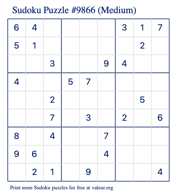 Free Printable Medium Sudoku Puzzle number 9866
