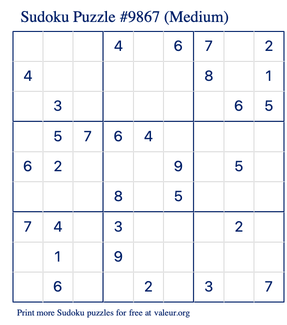 Free Printable Medium Sudoku Puzzle number 9867