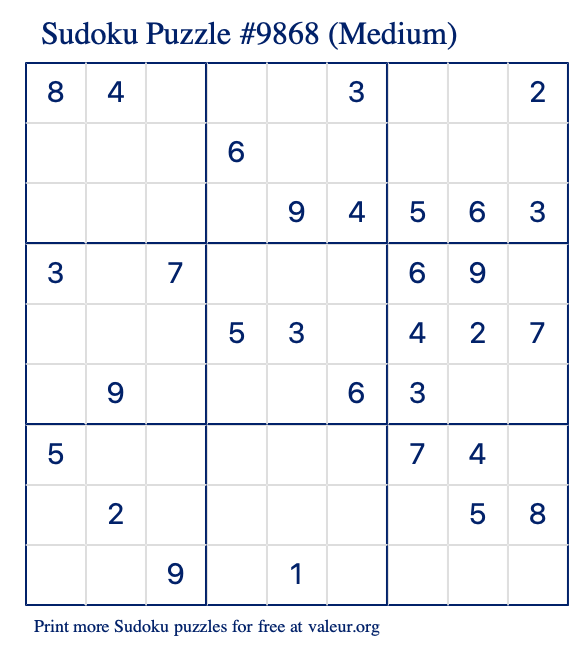 Free Printable Medium Sudoku Puzzle number 9868