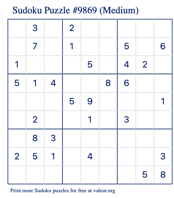 Free Printable Medium Sudoku Puzzle number 9869