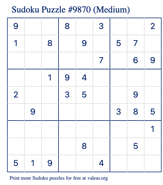 Free Printable Medium Sudoku Puzzle number 9870