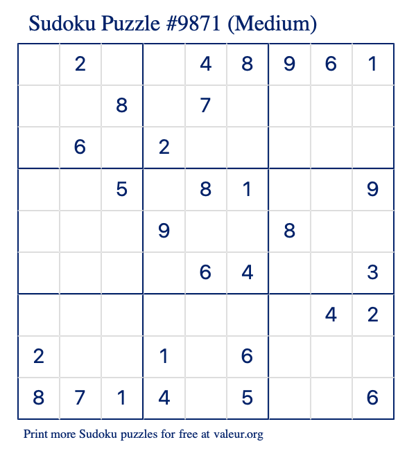 Free Printable Medium Sudoku Puzzle number 9871