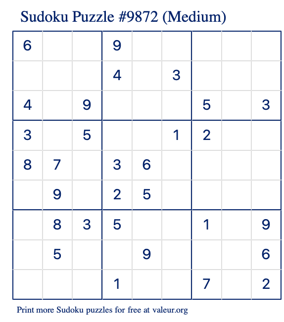 Free Printable Medium Sudoku Puzzle number 9872