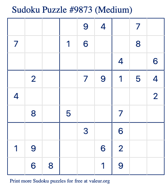 Free Printable Medium Sudoku Puzzle number 9873
