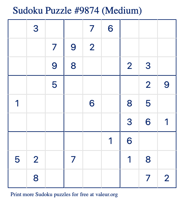 Free Printable Medium Sudoku Puzzle number 9874