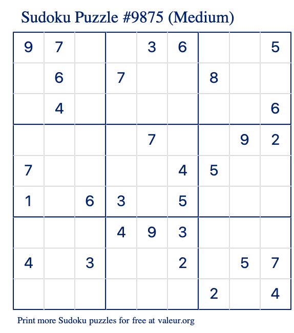 Free Printable Medium Sudoku Puzzle number 9875