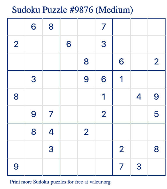 Free Printable Medium Sudoku Puzzle number 9876