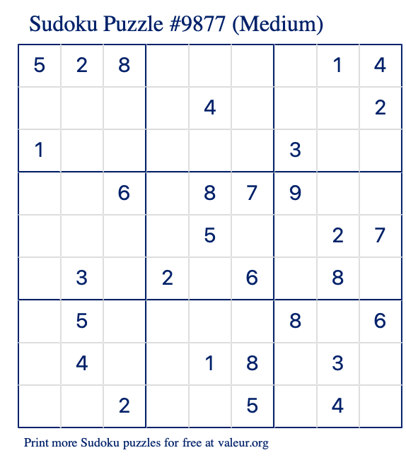 Free Printable Medium Sudoku Puzzle number 9877