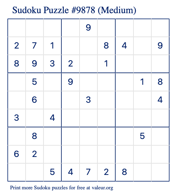Free Printable Medium Sudoku Puzzle number 9878