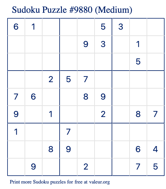 Free Printable Medium Sudoku Puzzle number 9880