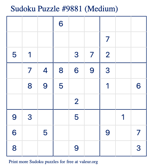 Free Printable Medium Sudoku Puzzle number 9881