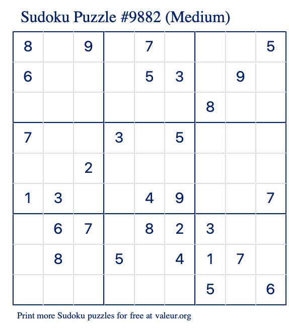 Free Printable Medium Sudoku Puzzle number 9882