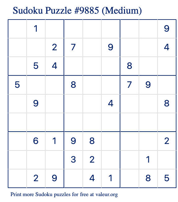 Free Printable Medium Sudoku Puzzle number 9885