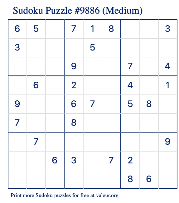 Free Printable Medium Sudoku Puzzle number 9886