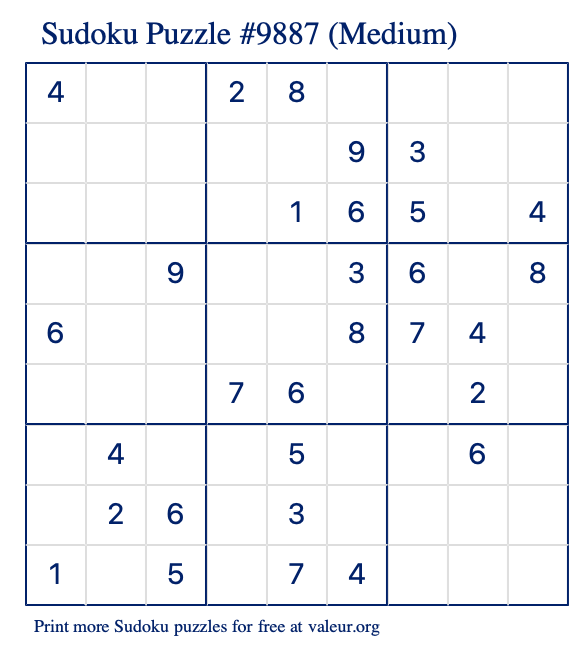 Free Printable Medium Sudoku Puzzle number 9887