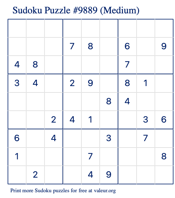 Free Printable Medium Sudoku Puzzle number 9889