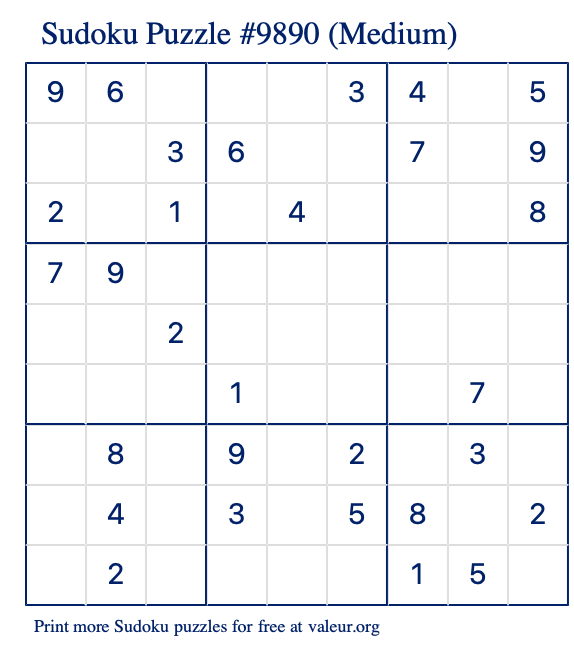Free Printable Medium Sudoku Puzzle number 9890