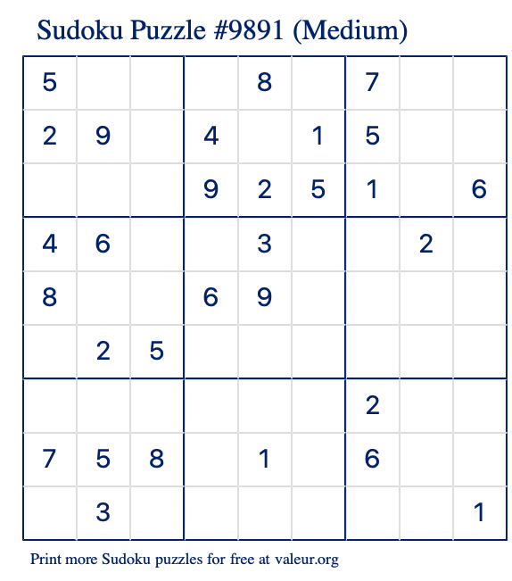 Free Printable Medium Sudoku Puzzle number 9891