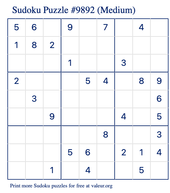 Free Printable Medium Sudoku Puzzle number 9892
