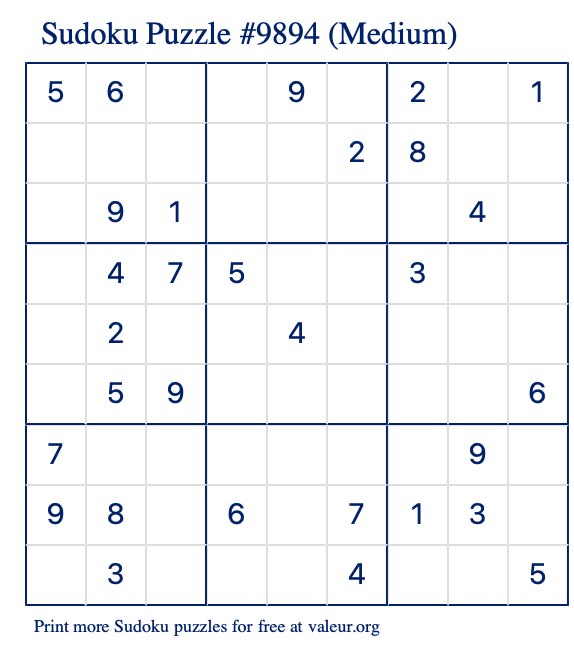 Free Printable Medium Sudoku Puzzle number 9894