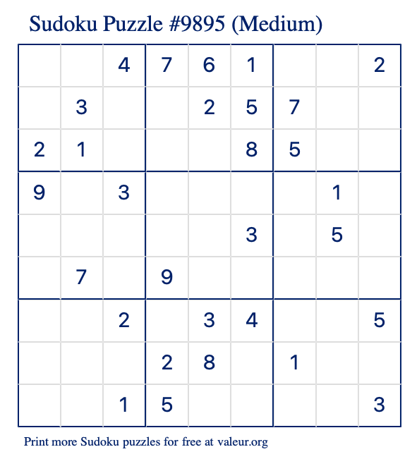 Free Printable Medium Sudoku Puzzle number 9895