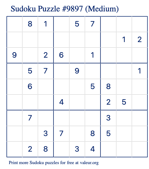 Free Printable Medium Sudoku Puzzle number 9897