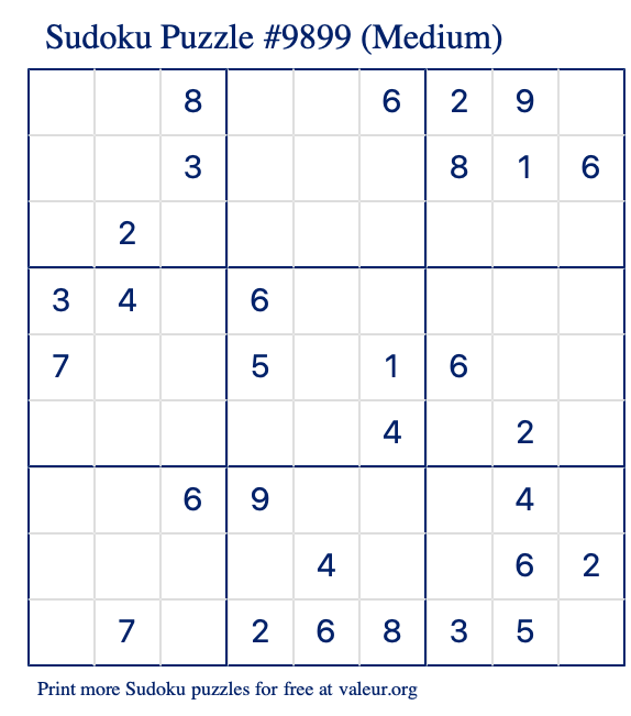 Free Printable Medium Sudoku Puzzle number 9899