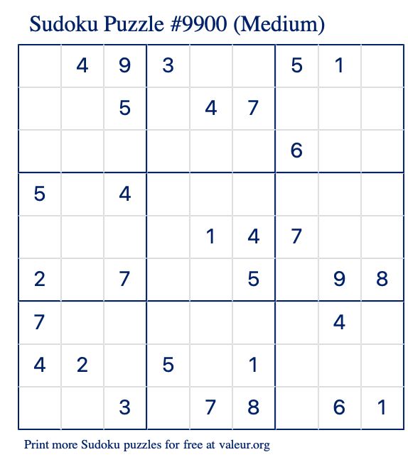 Free Printable Medium Sudoku Puzzle number 9900