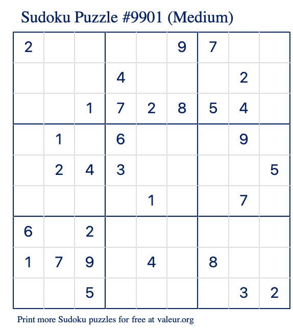 Free Printable Medium Sudoku Puzzle number 9901