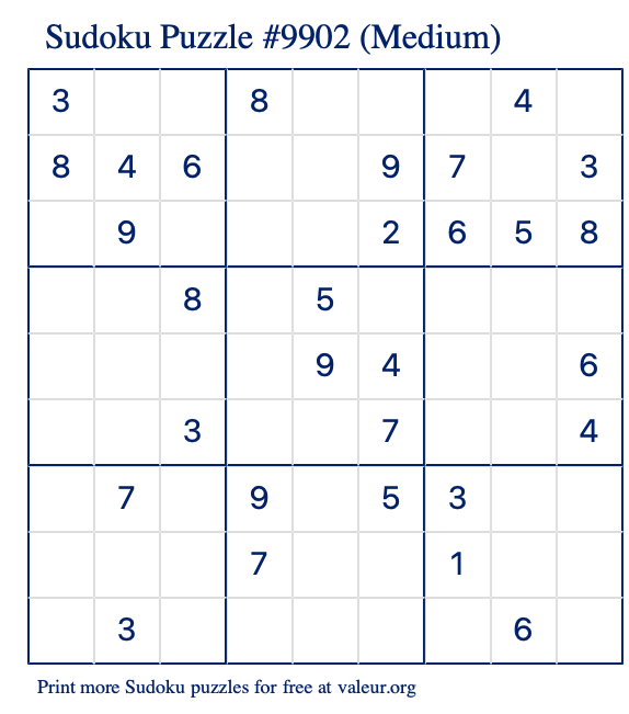 Free Printable Medium Sudoku Puzzle number 9902
