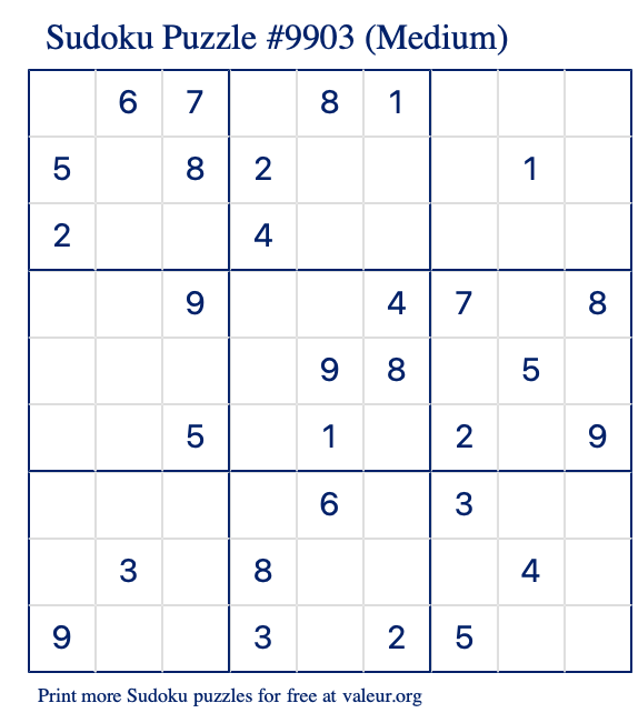 Free Printable Medium Sudoku Puzzle number 9903