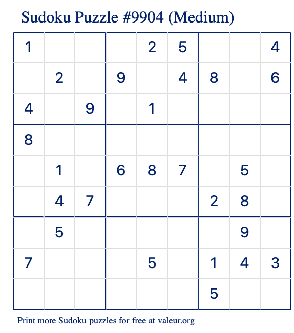 Free Printable Medium Sudoku Puzzle number 9904