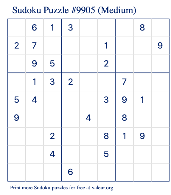 Free Printable Medium Sudoku Puzzle number 9905