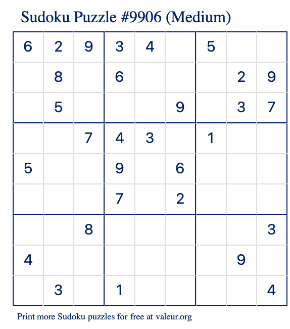 Free Printable Medium Sudoku Puzzle number 9906