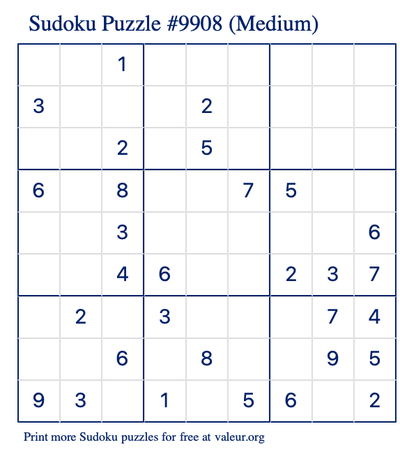 Free Printable Medium Sudoku Puzzle number 9908