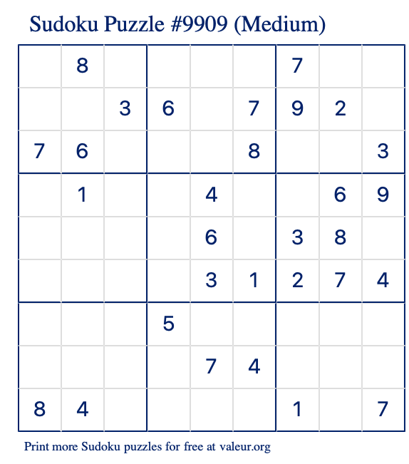 Free Printable Medium Sudoku Puzzle number 9909