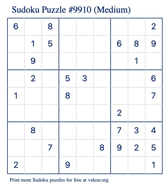 Free Printable Medium Sudoku Puzzle number 9910