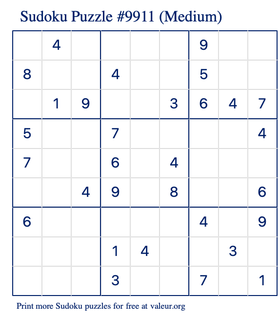 Free Printable Medium Sudoku Puzzle number 9911