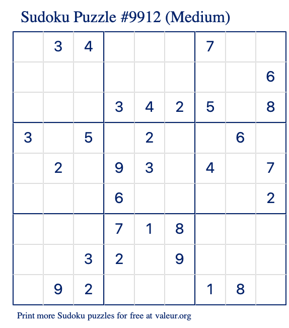 Free Printable Medium Sudoku Puzzle number 9912