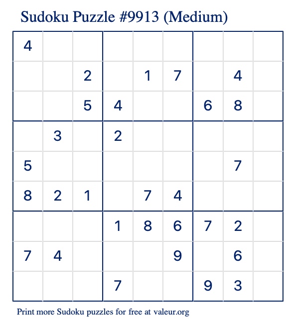 Free Printable Medium Sudoku Puzzle number 9913