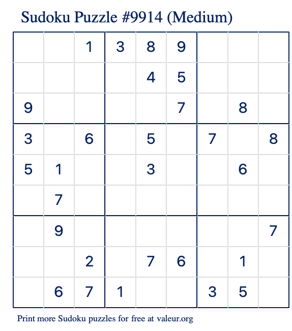 Free Printable Medium Sudoku Puzzle number 9914