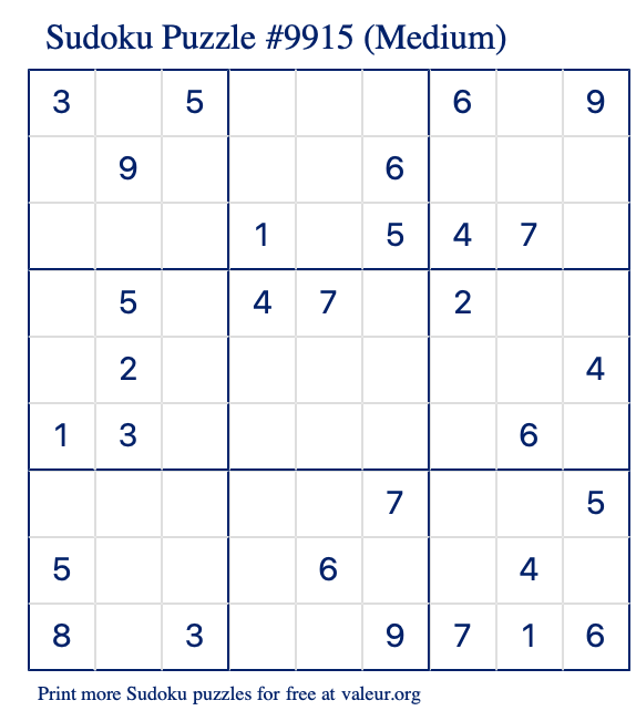 Free Printable Medium Sudoku Puzzle number 9915