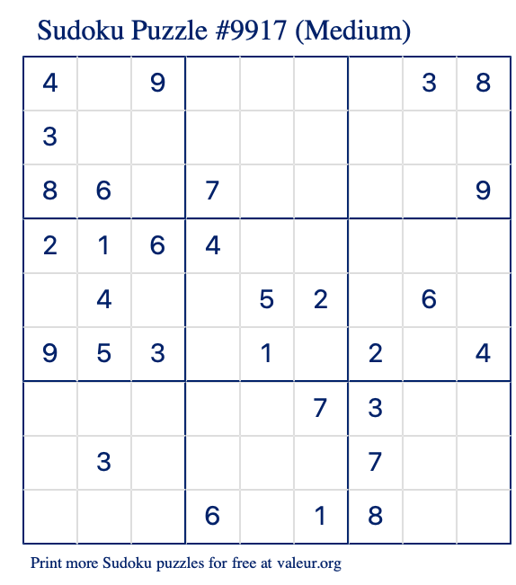 Free Printable Medium Sudoku Puzzle number 9917