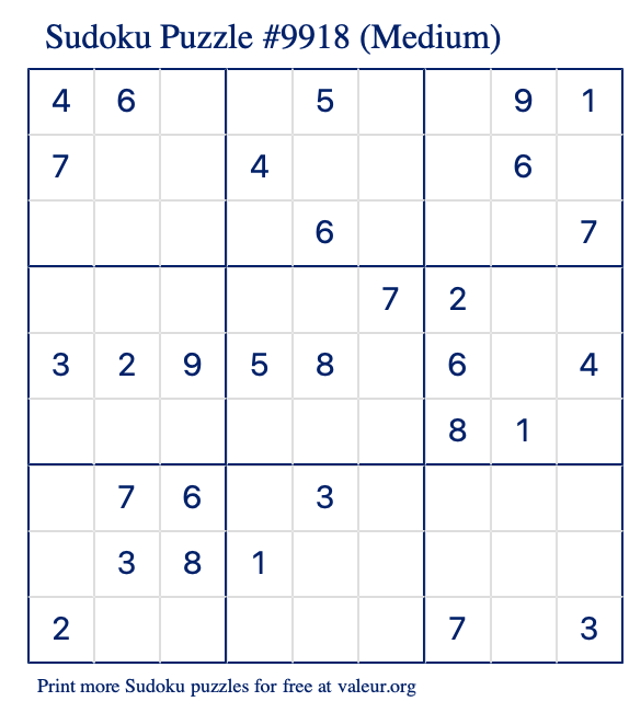 Free Printable Medium Sudoku Puzzle number 9918