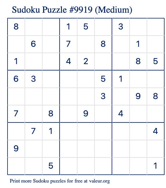 Free Printable Medium Sudoku Puzzle number 9919