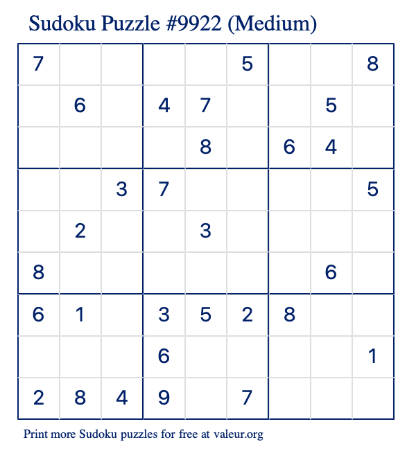 Free Printable Medium Sudoku Puzzle number 9922