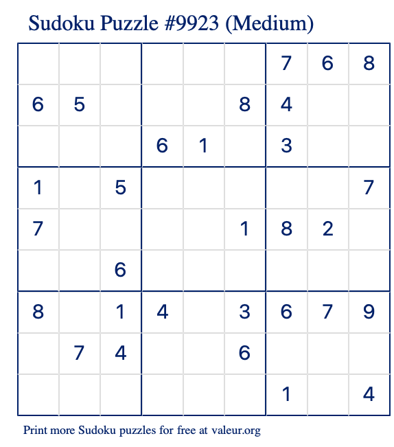 Free Printable Medium Sudoku Puzzle number 9923