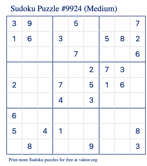 Free Printable Medium Sudoku Puzzle number 9924